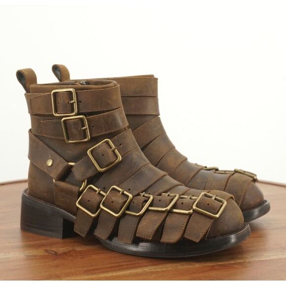Jeffrey Campbell Womens Belted Up Biker Boots Brown Leather Buckles Block Heel 6 - Picture 1 of 9